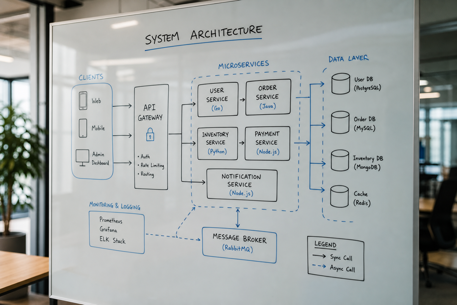 Technical architecture diagram on a glass whiteboard