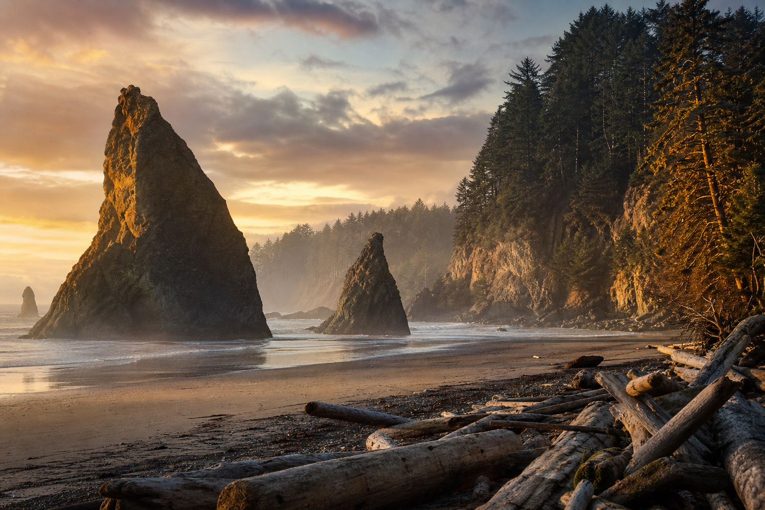 Pacific Northwest coastline with sea stacks